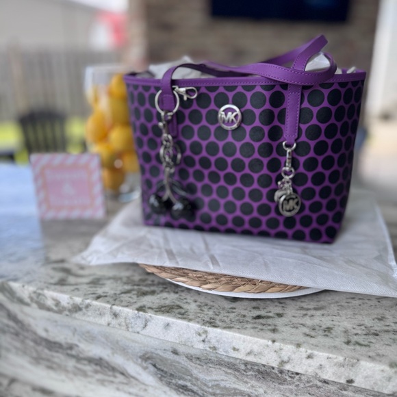 Michael Kors Kiki Purple and Black Polka Dot Tote Bag with Charm and Dusty - Picture 1 of 8